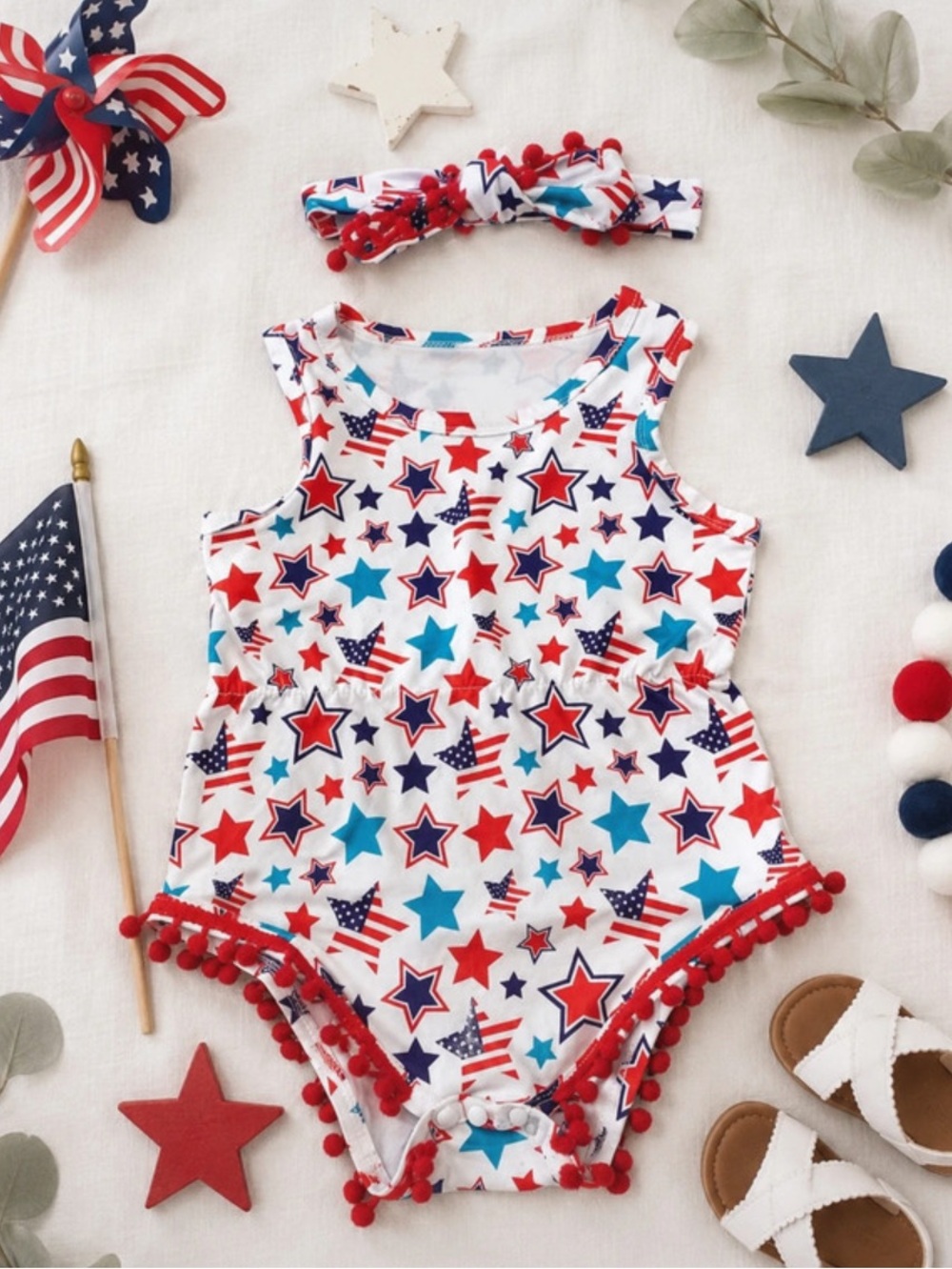 Girls' Red White & Blue Star Print One-Piece Bodysuit with Headband